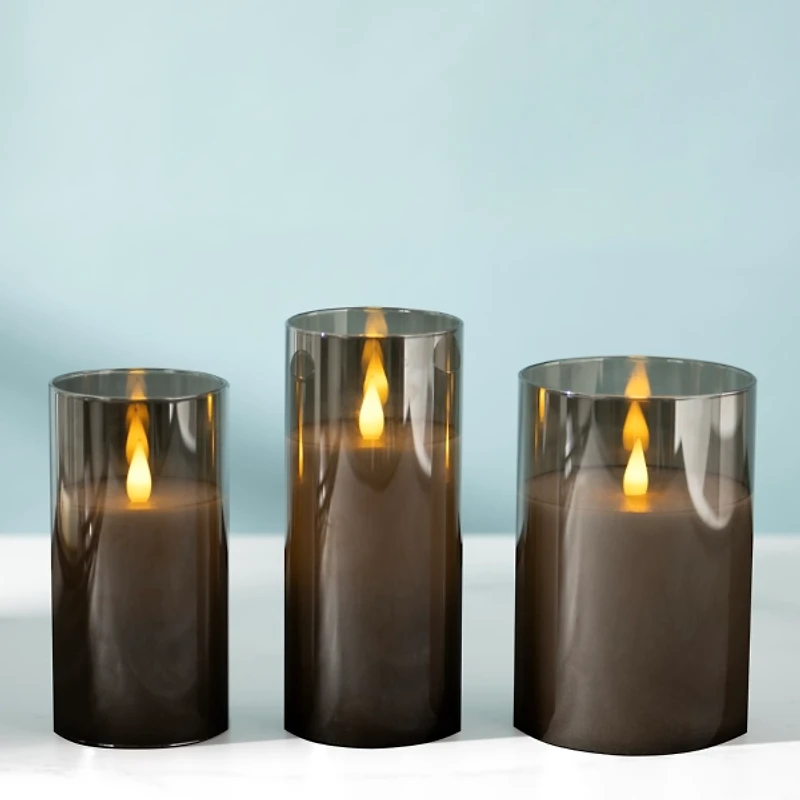 Gray LED Soft Flame Glass Pillar Candle, 3x7 in.