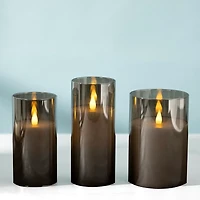 Gray LED Soft Flame Glass Pillar Candle, 3x7 in.