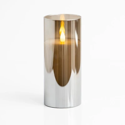Gray LED Soft Flame Glass Pillar Candle, 3x7 in.