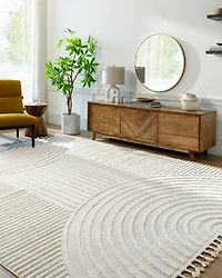 Ivory Geometric Lines Tassel Area Rug, 6x9
