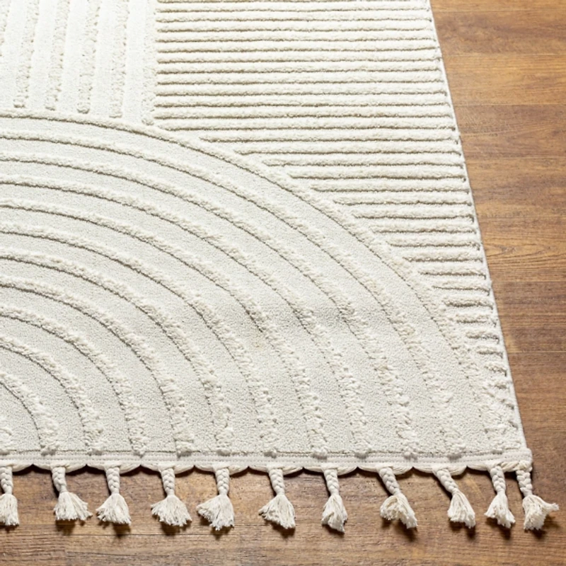Ivory Geometric Lines Tassel Area Rug, 6x9