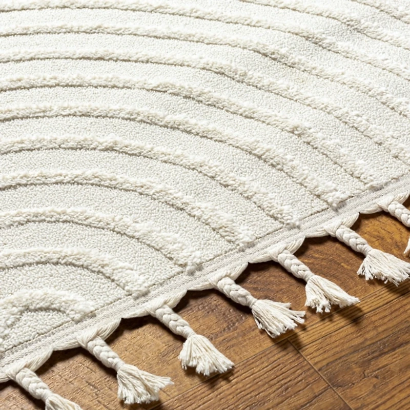 Ivory Geometric Lines Tassel Area Rug, 6x9