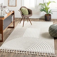 Ivory Geometric Lines Tassel Area Rug, 6x9