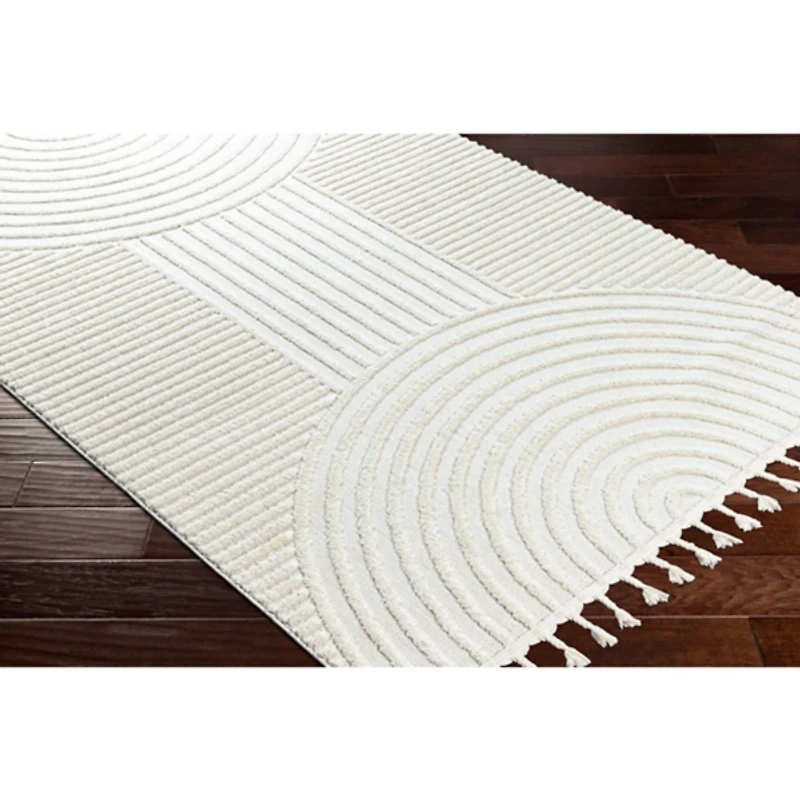 Ivory Geometric Lines Tassel Area Rug, 6x9