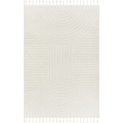 Ivory Geometric Lines Tassel Area Rug, 6x9