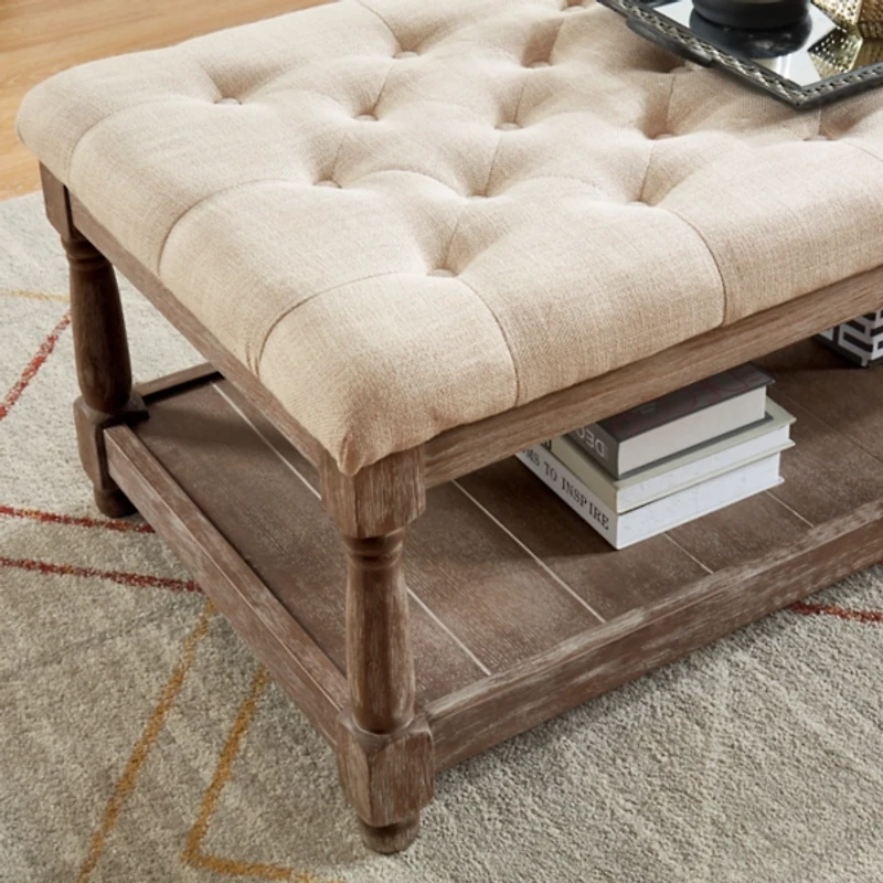 Beige Tufted Linen and Wood Bench