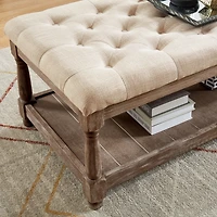 Beige Tufted Linen and Wood Bench