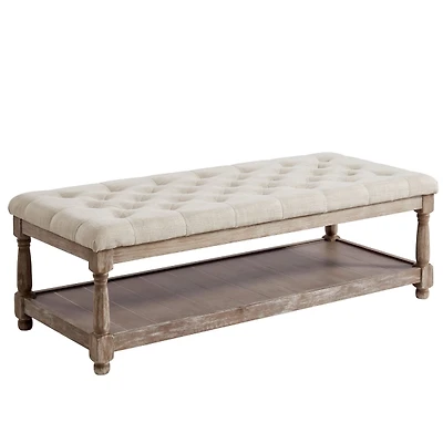 Beige Tufted Linen and Wood Bench