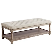 Beige Tufted Linen and Wood Bench