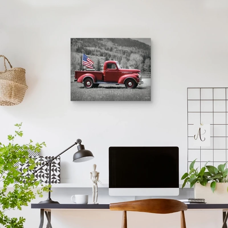 Red Pickup Truck with Flag Canvas Wall Plaque