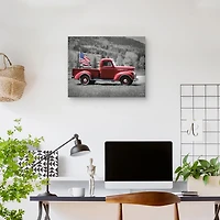Red Pickup Truck with Flag Canvas Wall Plaque
