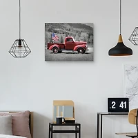 Red Pickup Truck with Flag Canvas Wall Plaque