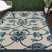 Lyla Blue Floral Damask Indoor/Outdoor Rug, 5x8