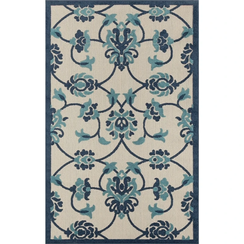 Lyla Blue Floral Damask Indoor/Outdoor Rug, 5x8