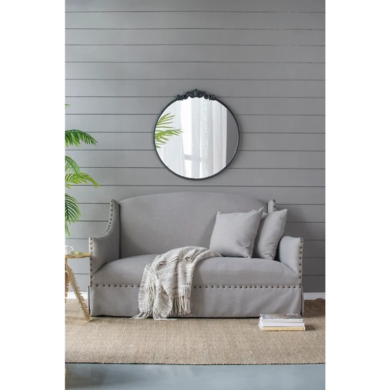 Round Antique Black Floral Scroll Mirror, 32 in.