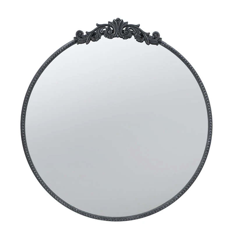 Round Antique Black Floral Scroll Mirror, 32 in.