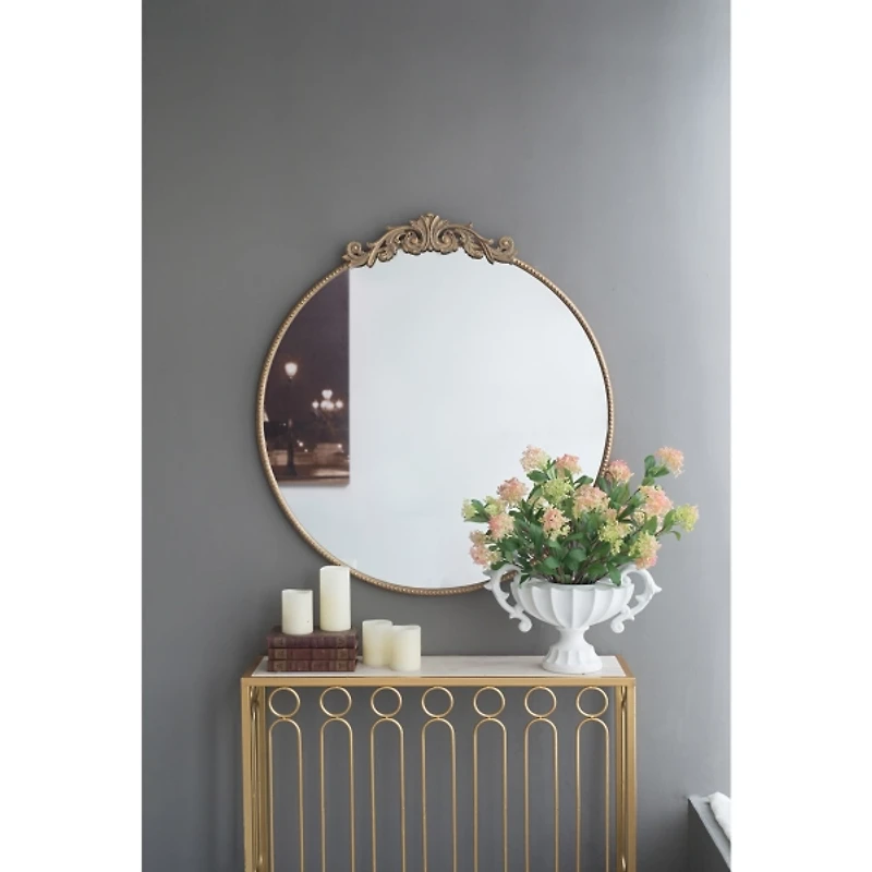 Round Antique Gold Floral Scroll Mirror, 39 in.