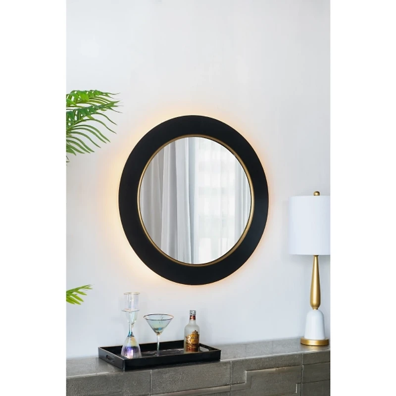 Drew II Black and Gold Round LED Mirror