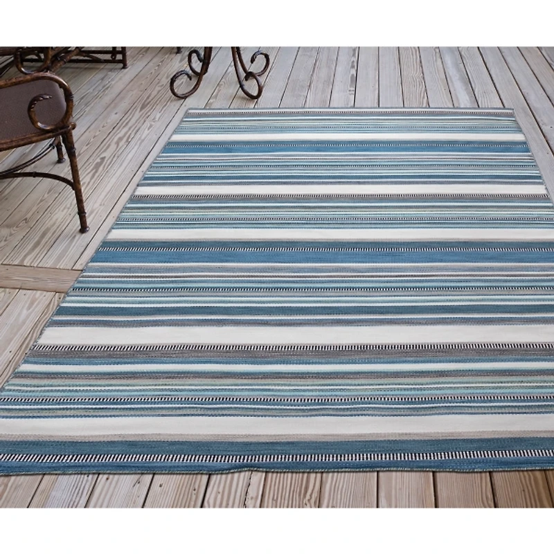 Blue Dhurri Stripe Indoor/Outdoor Area Rug, 7x9