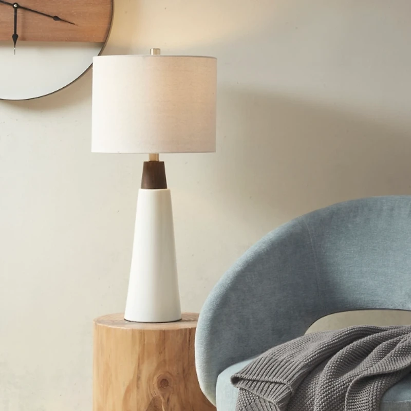 White Ceramic and Wood Cone Table Lamp