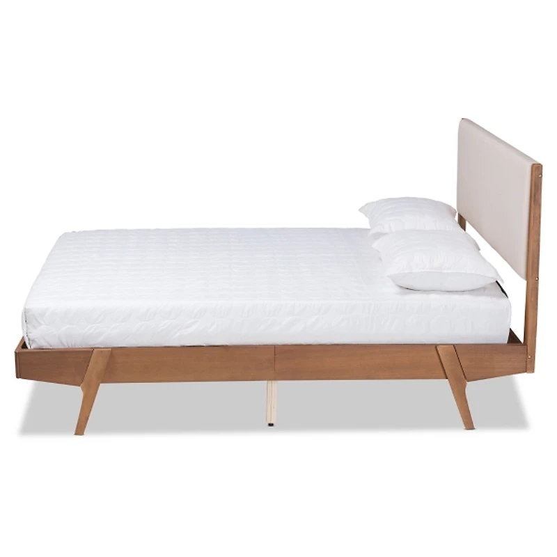 Tan Upholstered Brown Wood Queen Platform Bed