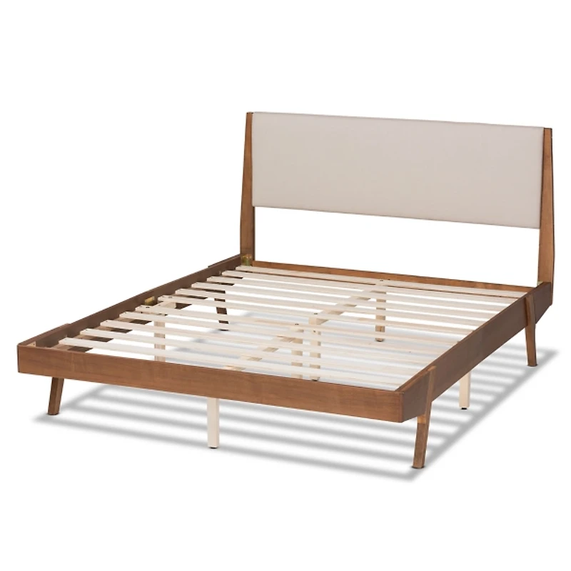 Tan Upholstered Brown Wood Queen Platform Bed