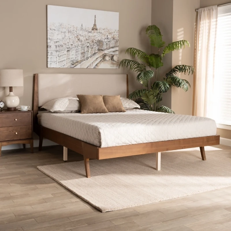 Tan Upholstered Brown Wood Queen Platform Bed