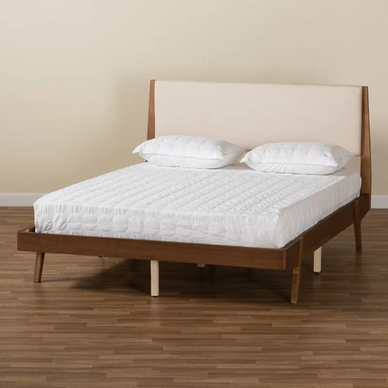 Tan Upholstered Brown Wood Queen Platform Bed