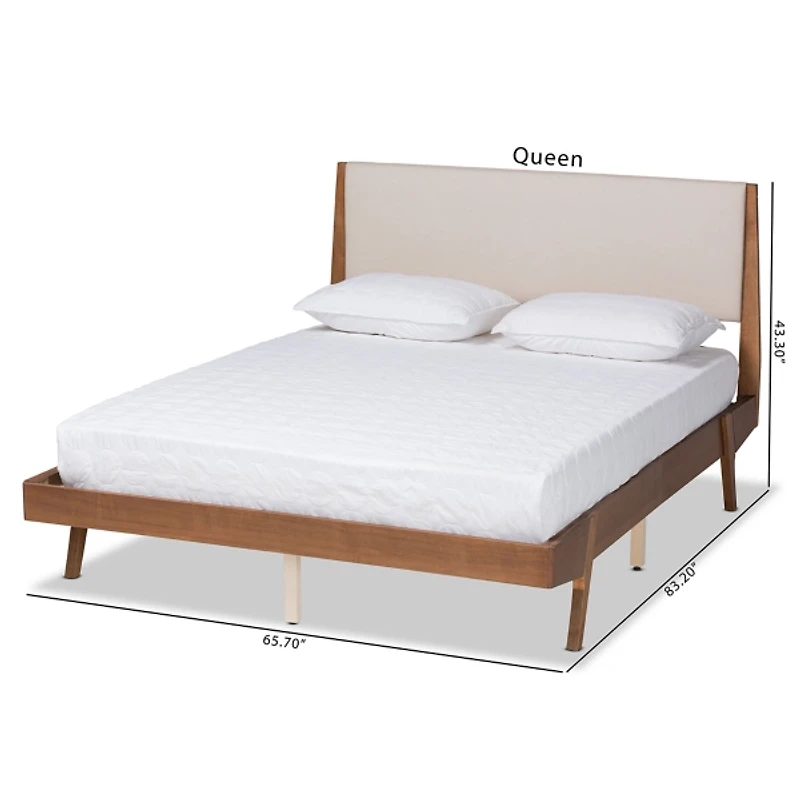Tan Upholstered Brown Wood Queen Platform Bed