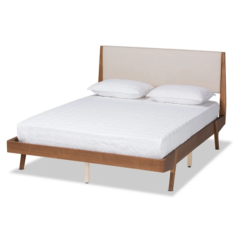 Tan Upholstered Brown Wood Queen Platform Bed