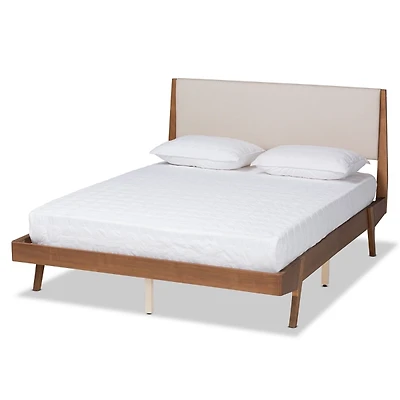Tan Upholstered Brown Wood Queen Platform Bed