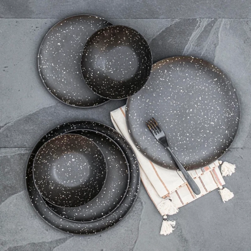 Black Faye Melamine Dinner Plates, Set of 6