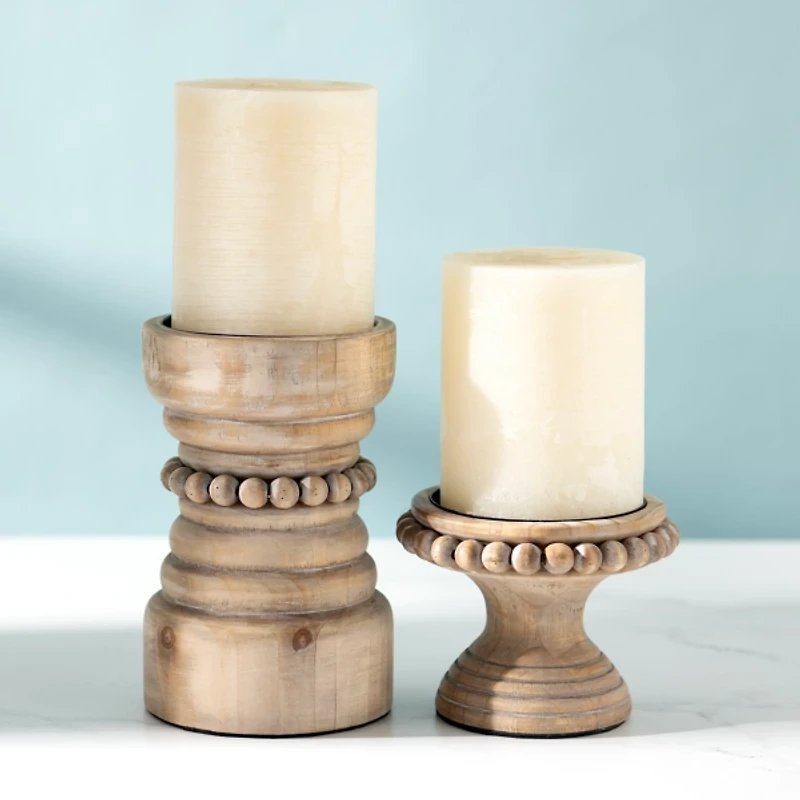 Natural Wood Beaded Pillar Candle Holder, 8 in.