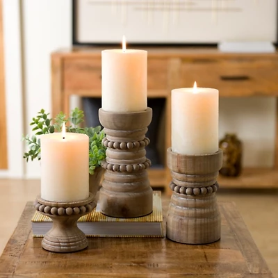 Natural Wood Beaded Pillar Candle Holder, 8 in.