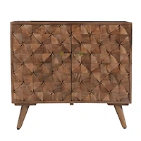 Brown Carved Wood Woven 2-Door Cabinet