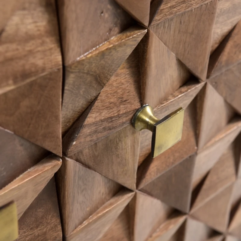 Brown Carved Wood Woven 2-Door Cabinet