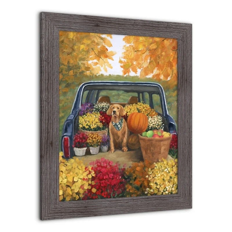 Fall Floral Dog Truck Framed Canvas Art Print