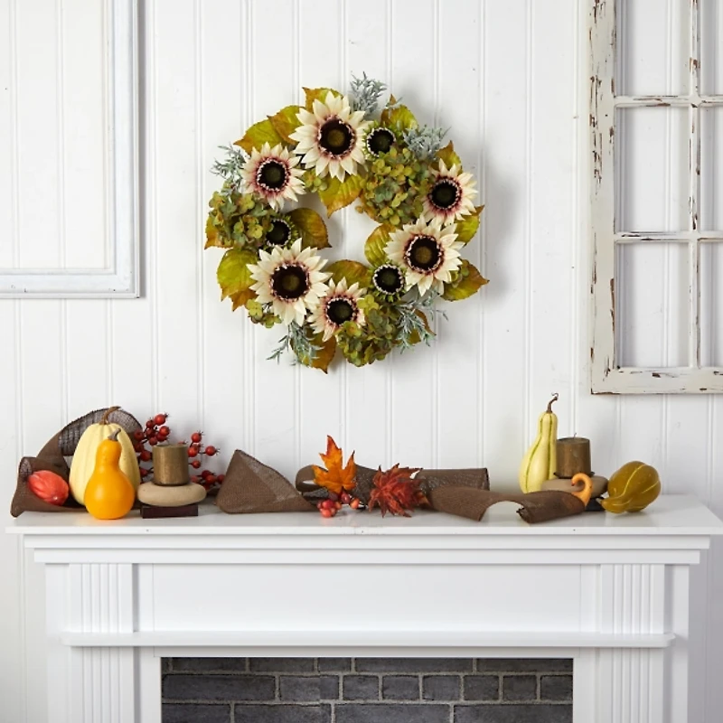 White Sunflowers and Hydrangeas Harvest Wreath
