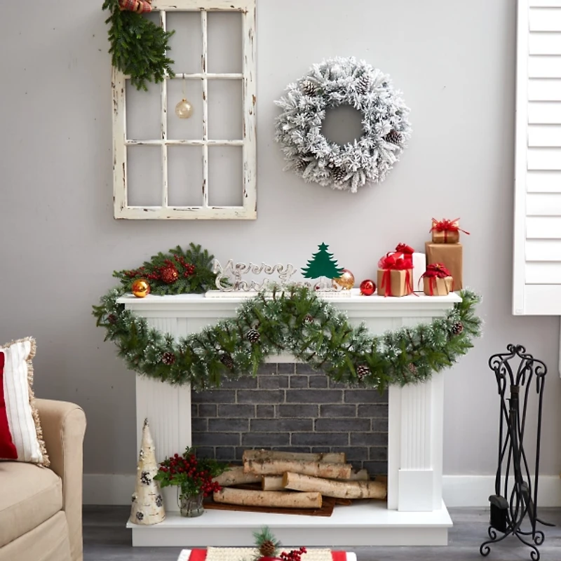 Pre-Lit Fully Flocked Pine Branch Wreath