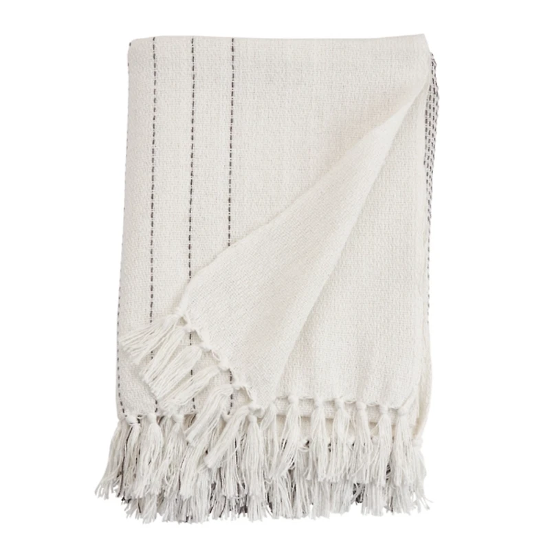 White and Gray Striped and Fringe Throw Blanket