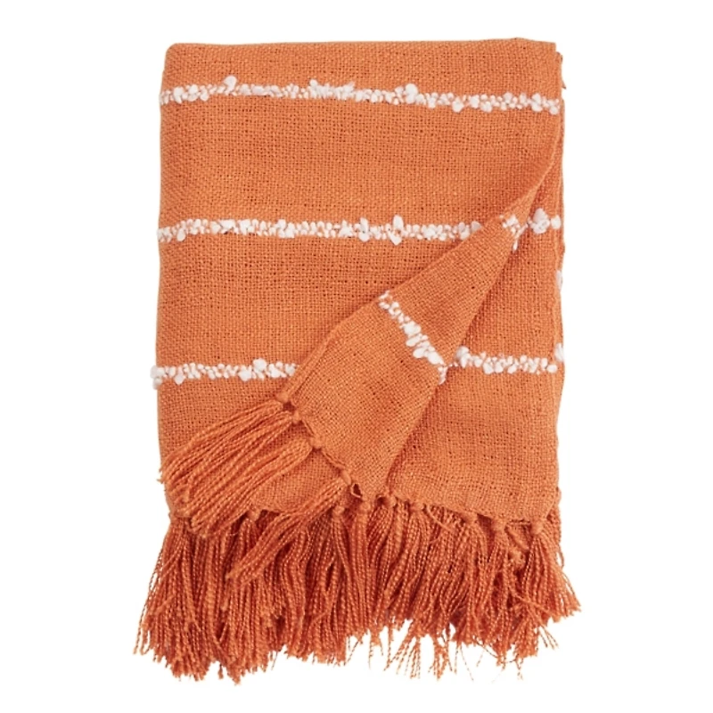 Orange White Striped Fringe Throw Blanket