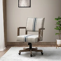Ivory and Blue Stripe Natural Wood Office Chair