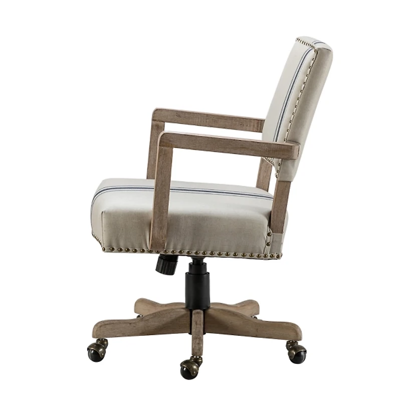 Ivory and Blue Stripe Natural Wood Office Chair