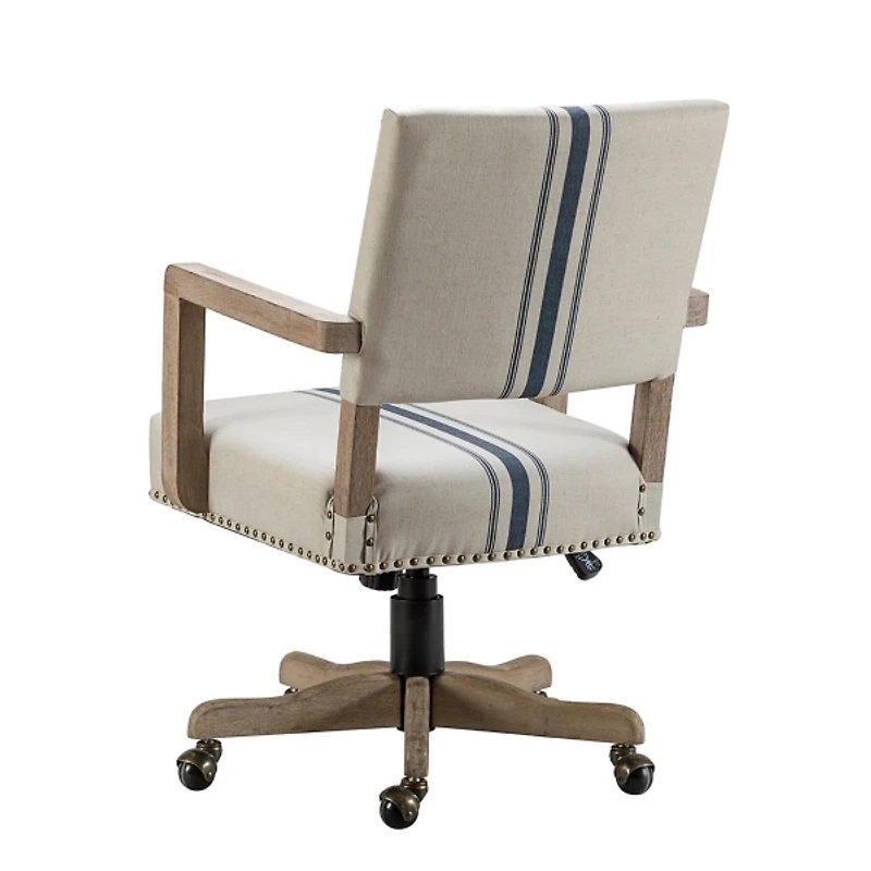 Ivory and Blue Stripe Natural Wood Office Chair