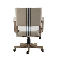 Ivory and Blue Stripe Natural Wood Office Chair