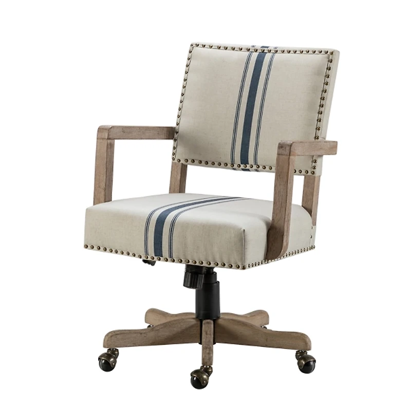 Ivory and Blue Stripe Natural Wood Office Chair