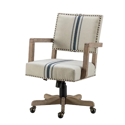 Ivory and Blue Stripe Natural Wood Office Chair