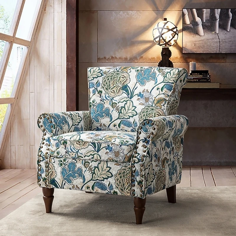 Blue and Green Floral Upholstered Accent Chair