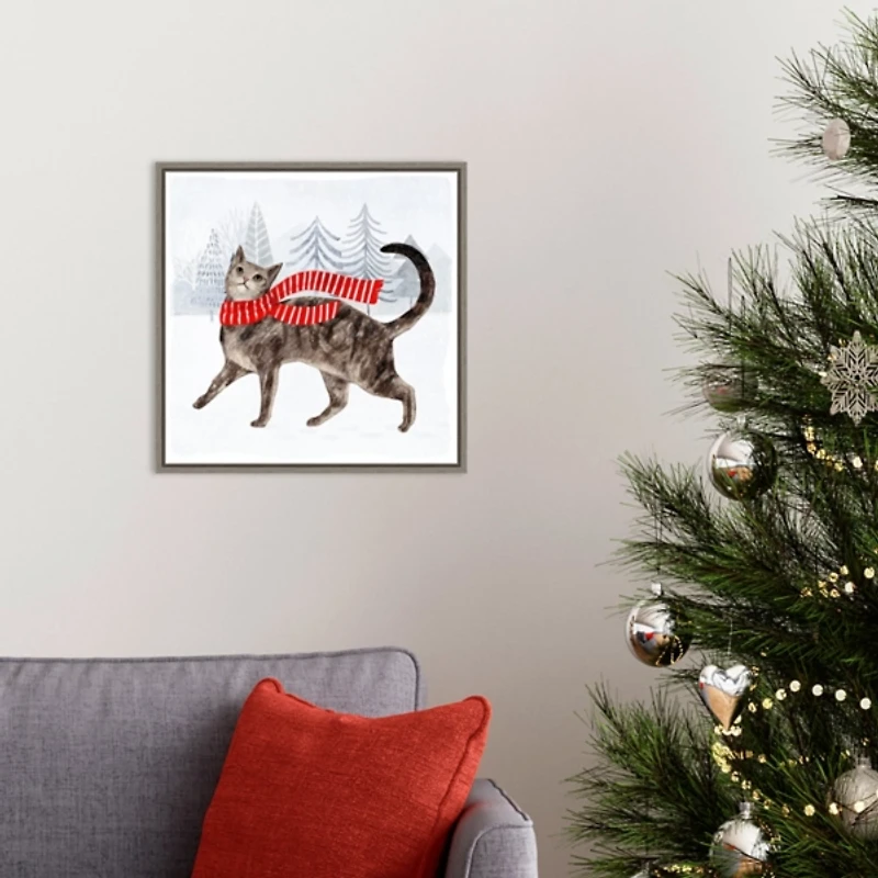 Cat with Red Scarf Christmas Canvas Wall Plaque