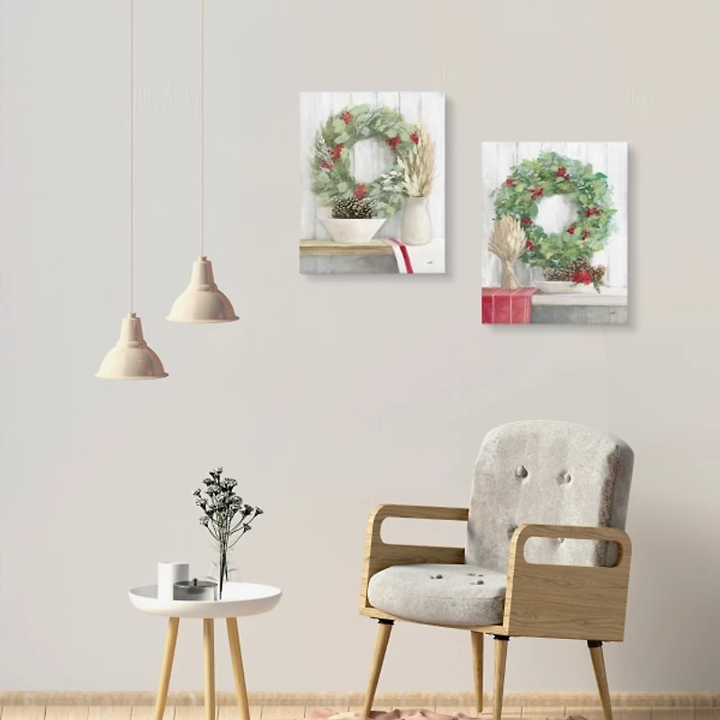 Christmas Holly Wreath Canvas Art Prints, Set of 2
